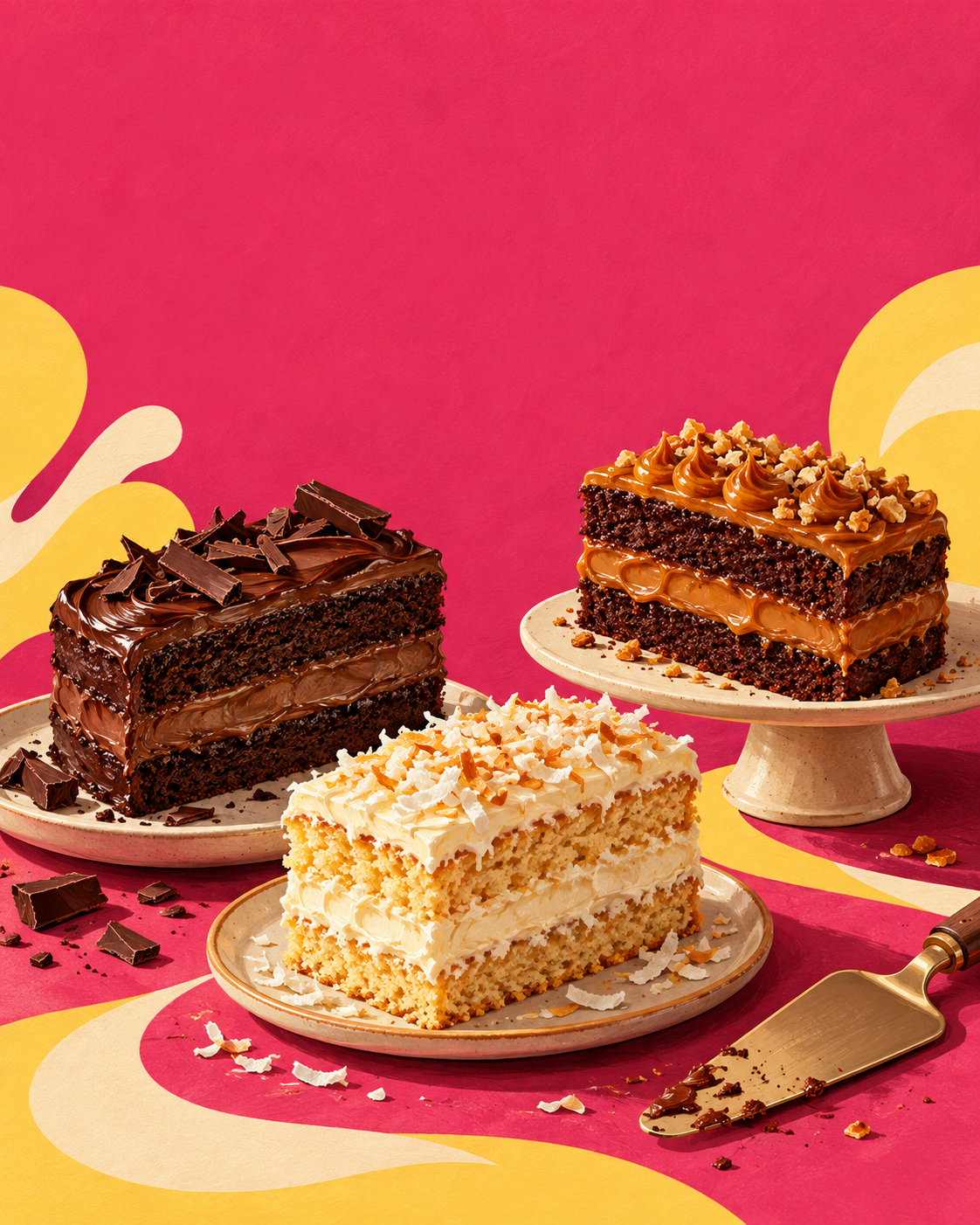 Ilustração de fatias de bolo de chocolate, coco e cenoura